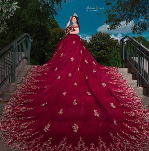 Burgundy ball gown with gold embroidery